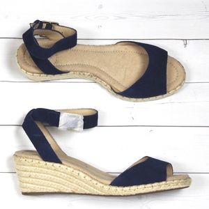Lands End Wedge Ankle Strap Sandal in Navy Suede